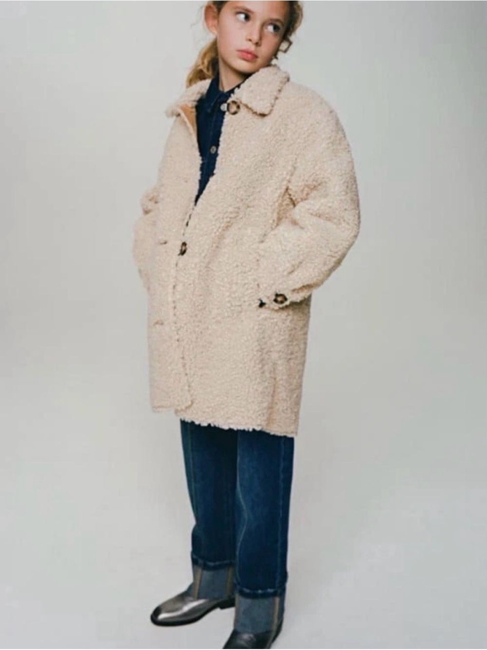 Zara Kids - Cream Teddy Button-Up Coat size Girls 9